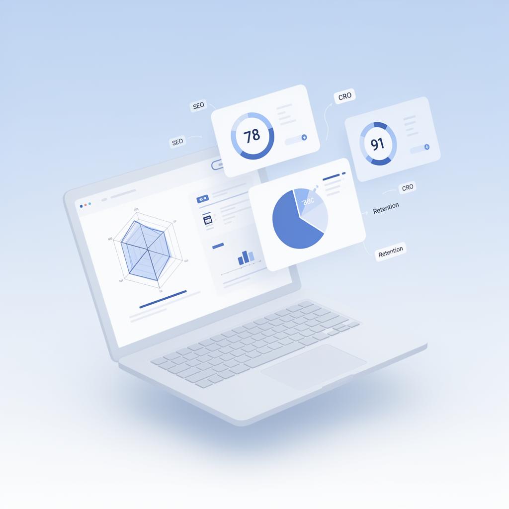 Preview of the Being Ecom Brain audit report - radar chart, pie chart, and score rings