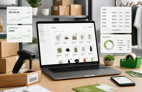 Shopify ecommerce store operations with products, orders, and revenue growth dashboard